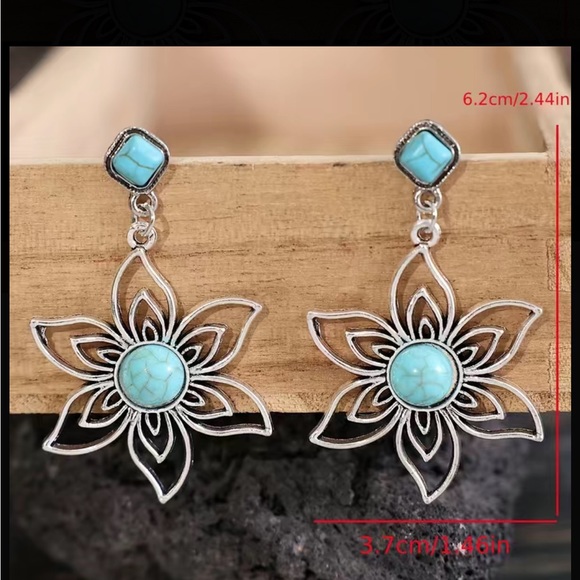 Boho Silver and Turquoise Flower Drop Earrings - Picture 5 of 6